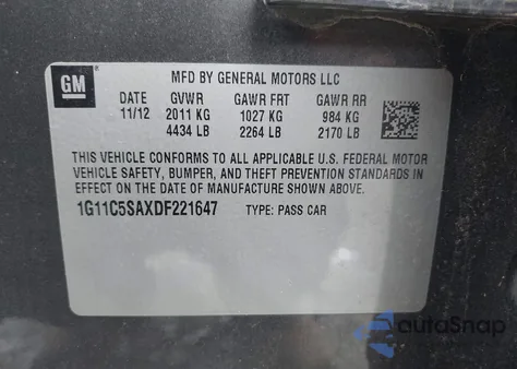 2013 Chevrolet Malibu 1Lt из США, поврежденный, VIN 1G11C5SAXDF221647